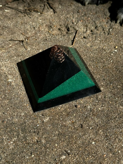 Black and Green Malachite Angled Orgonite Pyramid